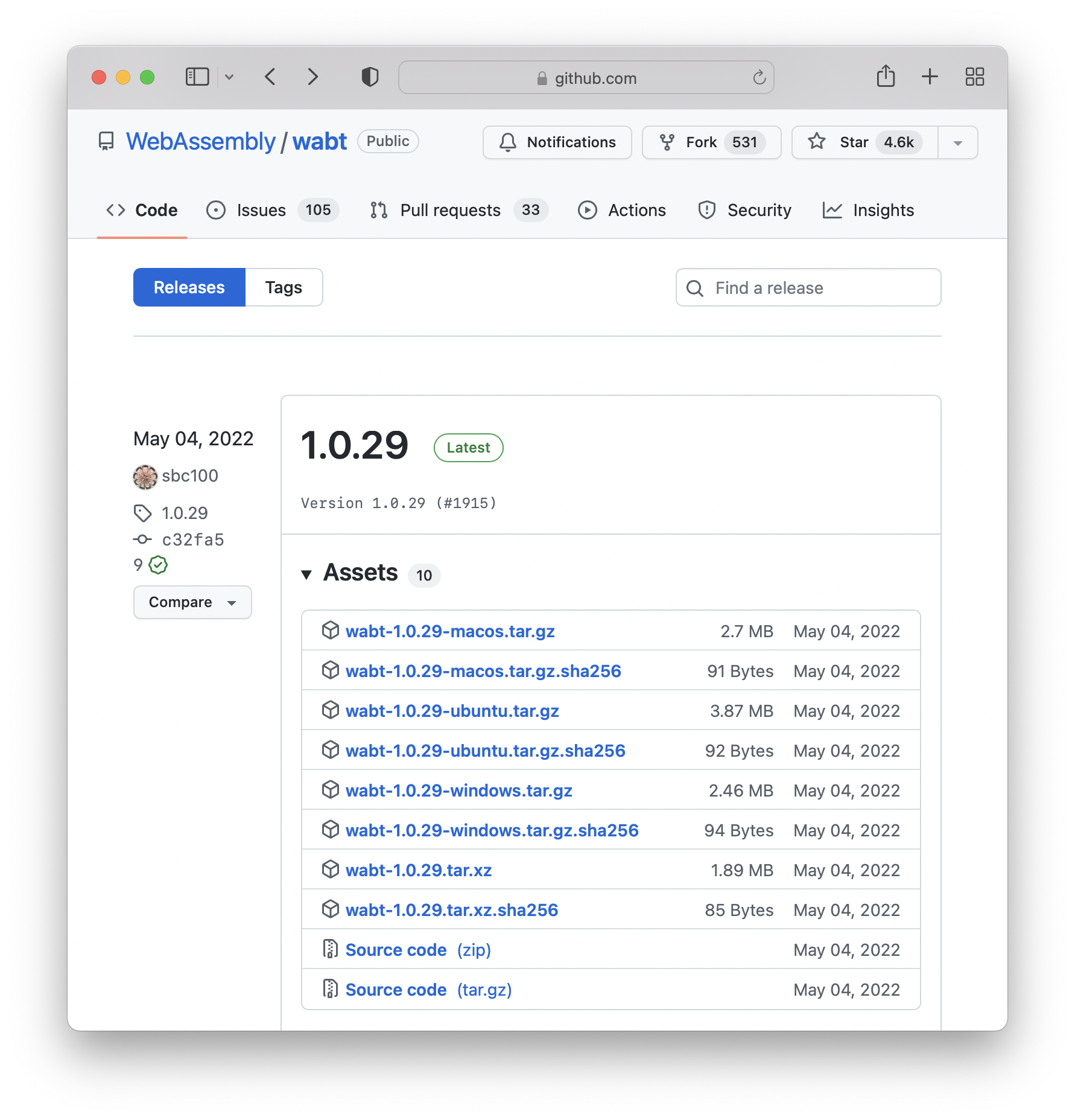 Wabt in Github Releases